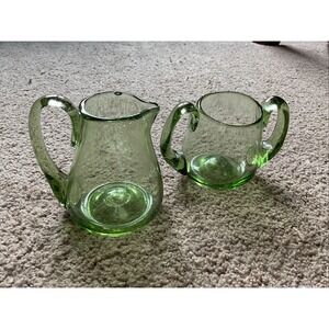 MCM‎ Avocado Green Hand Blown Glass Sugar and Creamer Set